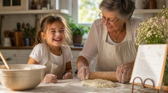 Joyful little girl with flour on her nose laughing as her older grandmother rolls out fresh dough on a flour-dusted kitchen counter, sharing a heartwarming baking moment together