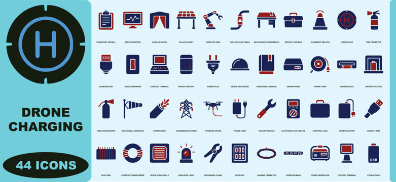 Forty four drone charging featuring electrical infrastructure and power supply equipment parts
