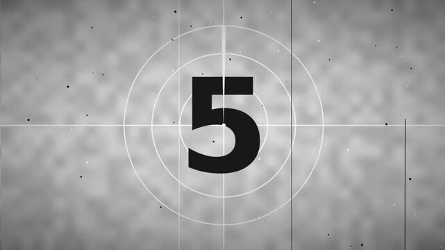 Vintage film countdown, classic movie leader with number 5, retro cinema reel effect, old film projector aesthetic, nostalgic video transition element 4k