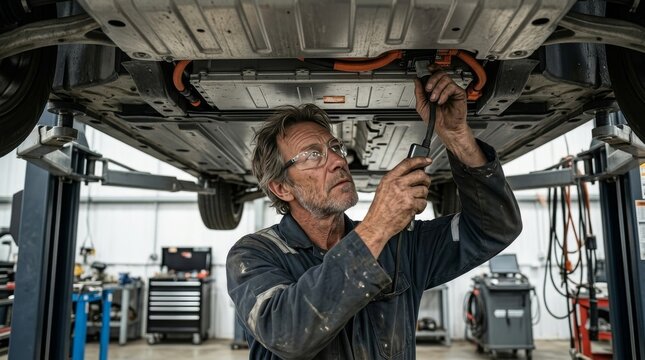 EV Technician Inspecting Electric Car Battery System from Below