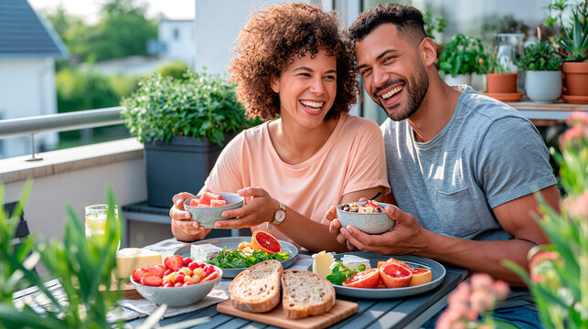 Happy couple enjoying healthy breakfast together on sunny balcony with fresh fruit, bread and nutritious food surrounded by green plants
