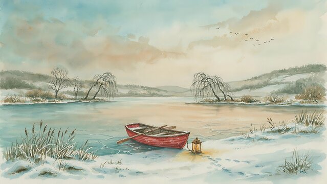 A serene watercolor landscape depicting a solitary red rowboat and a glowing lantern on a snowy riverbank at sunset, with a willow tree and distant birds, created with generative AI.