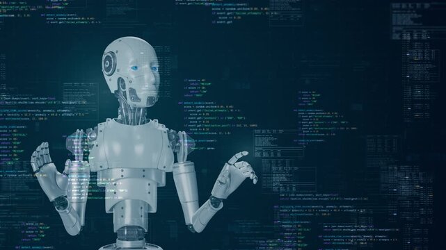 Motion graphic of an artificial intelligence robot interacting with complex cybersecurity program code on a digital background, designed for advanced machine learning concepts.