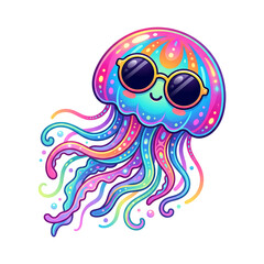 Fototapeta premium Colorful cartoon jellyfish wearing sunglasses isolated on white background
