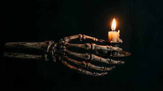 Skeletal hand holding burning candle with flickering flame in dark setting. Spooky atmosphere with rising smoke and eerie macabre mood. Halloween 2026 celebration and gothic horror design concept.