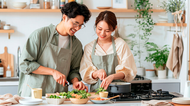 Happy couple cooking healthy meal together in modern kitchen, chopping fresh vegetables and enjoying home food preparation