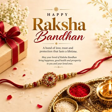 Happy Raksha Bandhan invitation with a beautifully decorated rakhi, a gift box, and traditional items