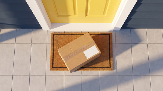 Delivery package at doorstep supports ecommerce order arrival. Logistic shipping shipment distribution. courier parcel service, client home order purchase convenience