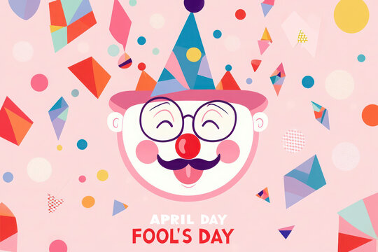 April Fool's Day Graphic with Clown Face and Jester Hat on Pink Background