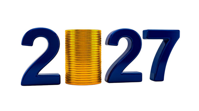 3D render  of the year 2027 in navy blue numbers with a stack of gold coins replacing the zero, finance and investment concept, isolated on white background