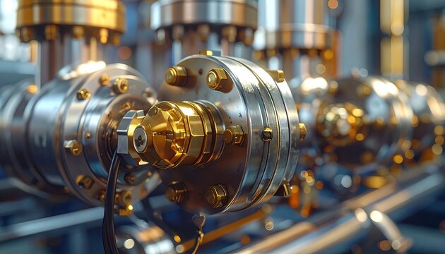 Close-up of a complex system of metallic pipes connected with golden flanges and valves inside a modern manufacturing facility