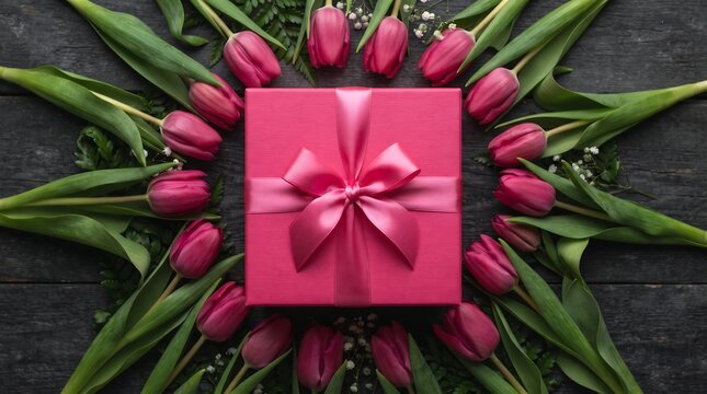 Flat lay of a pink gift box with a bow framed by a circular arrangement of fresh pink tulips on a dark wooden surface.