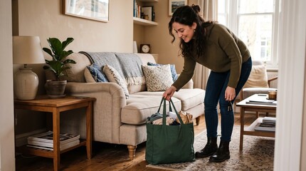 Fototapeta premium Woman packing a reusable shopping bag with clothes and items in a cozy living room