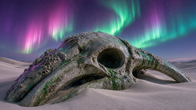 Dark weathered animal skull in sandy desert landscape with vibrant aurora borealis sky representing mortality and cosmic mystery