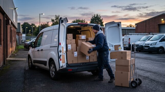 Delivery driver loading cardboard boxes into a white van at dusk with other vans parked nearby