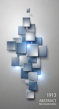 Geometric abstract wall art installation with metallic cubes and blue lighting in modern interior