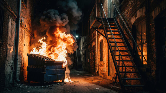Burning dumpster creates bright flames and smoke in dark city alley at night. Outdoor metal stairs and brick walls flank fire hazard. Scene conveys danger and.