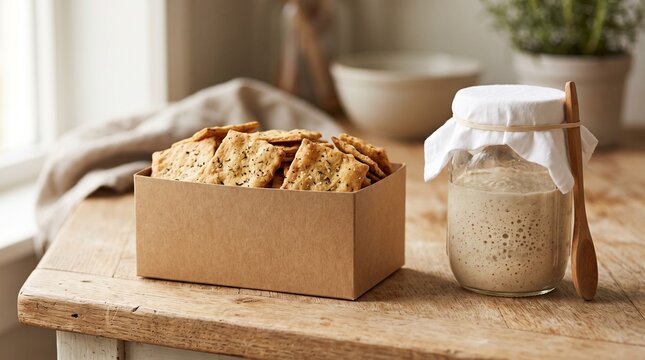 Crispy homemade sourdough crackers in kraft paper box beside active sourdough starter glass jar, depicting artisan bakery baking and rustic natural snack concept