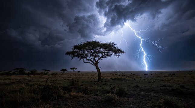 Lightning striking behind an acacia tree on the African savanna