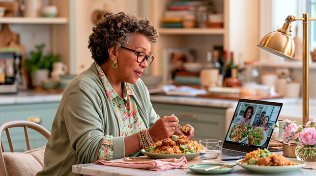 Senior woman enjoying meal while video calling family on laptop from home kitchen, combining healthy eating with digital connection
