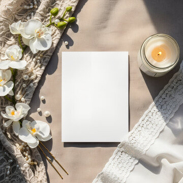 Orchids, pearls, lace, candle, and blank card form a wedding flat lay. Sunlit fabric adds romance. Elegant stationery concept with copy space for bridal invitation design.