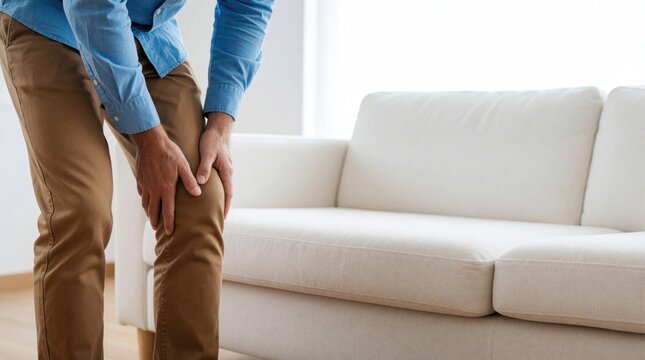 Mature man holds painful knee with hands standing near white couch. Male person suffers from joint ache, arthritis inflammation at home. Adult guy feels leg discomfort, injury medical problem in