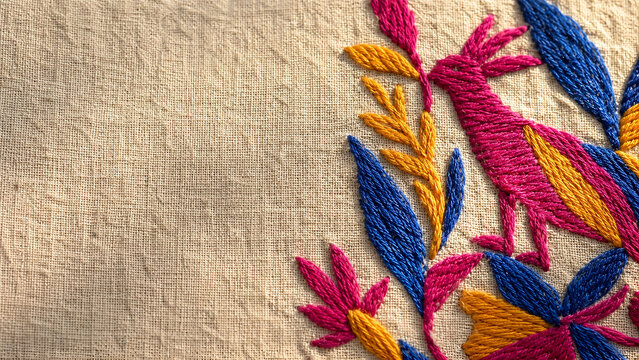 Hispanic Heritage Month Background &mdash; Hand Embroidered Otomi Textile Close Up with Copy Space