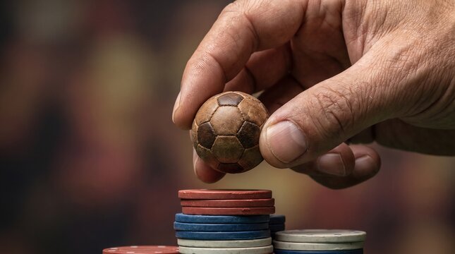 Hand placing vintage soccer ball on poker chips stack for sports betting