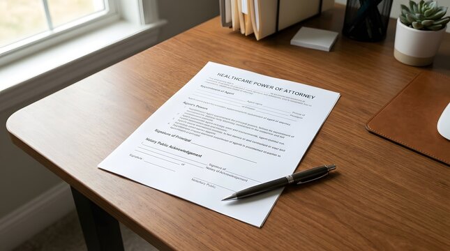 Healthcare Power of Attorney Form with Pen on Desk for Medical Decision Making and Legal Authorization