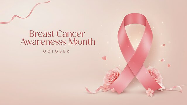 An elegant pink ribbon banner with soft roses promotes October Breast Cancer Awareness Month on a subtle background, created with generative AI.