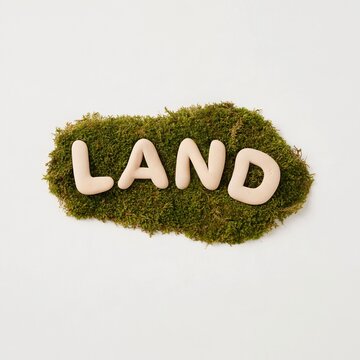 Smooth river stone letters spelling land resting on a patch of damp green moss, minimalist nature composition for environmental and cultural themes
