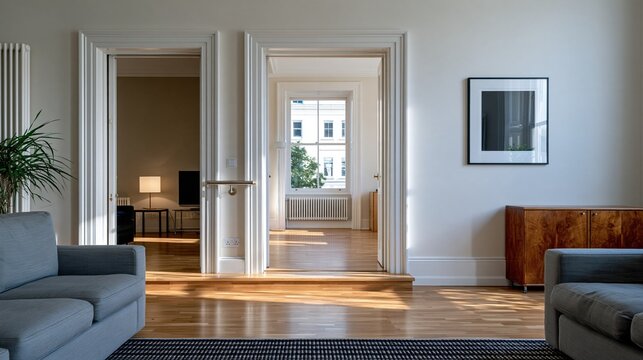 Living room interior featuring a step down into a back room with a brass grab rail, elegant clay walls and oak floors for property portals