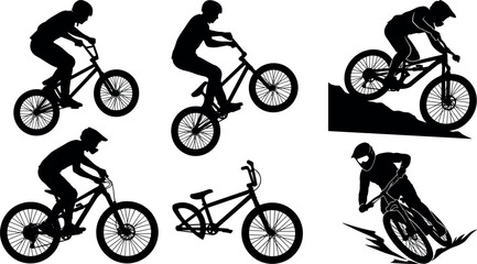Fototapeta premium Set of silhouettes of cyclists riding mountain bikes and bmx bikes
