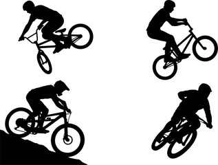 Fototapeta premium Set of silhouettes of cyclists performing stunts and riding mountain bikes