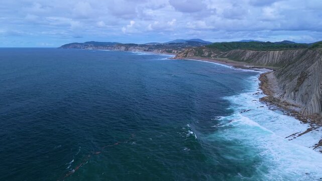 Aerial view from a drone of the Flysch of Bizkaia on the Cantabrian Sea coast between Algorta and Bakio. Province of Bizkaia. Basque Country. Spain. Europe.