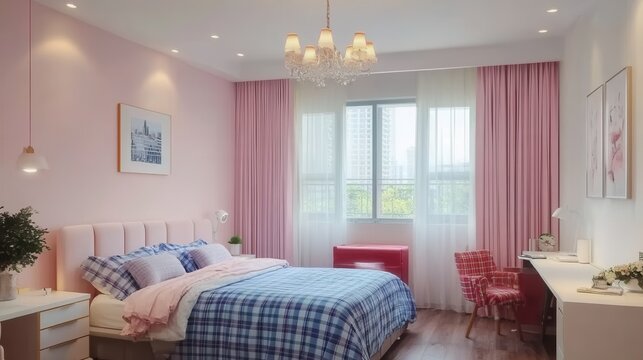 A pink and blue plaid bedroom with a chandelier
