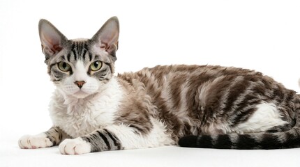 Fototapeta premium Cornish Rex cat with wavy fur lies on white. Unique pet gazes forward, showcasing distinctive large ears. Feline companion rests elegantly against clean backdrop. Domesticated animal in studio.