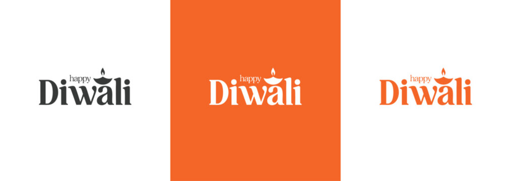 happy Diwali greeting with decorative cursive text, flame accent, and traditional diya illustration celebrating the festival of lights