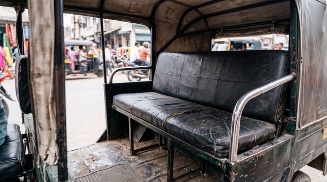 Empty rear seat and interior detail of a three wheeled auto rickshaw