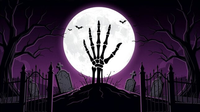 Spooky Halloween cemetery with a bony skeleton hand rising from a grave mound in front of a massive glowing full moon and open iron gates at night, flat cartoon vector art style.