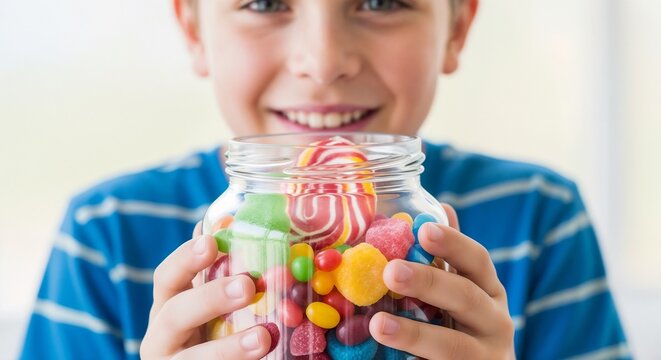 Happy boy holding jar of colorful candies while smiling brightly with sweet treats in hand. Boy enjoys a collection of vibrant candies, showcasing joy and excitement in childhood moments.