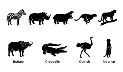 Fototapeta premium African Safari Animals Black Silhouette Vector Set