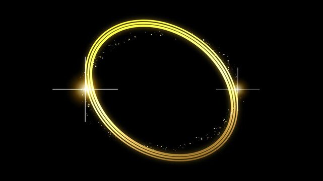 Luxury glowing golden oval ring frame with lens flare lights, video animation loop motion graphic element for video editing