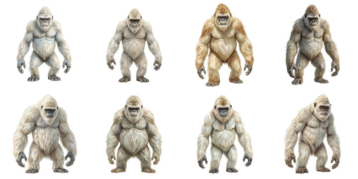 Set of eight white gorillas standing against a black background and gazing forward