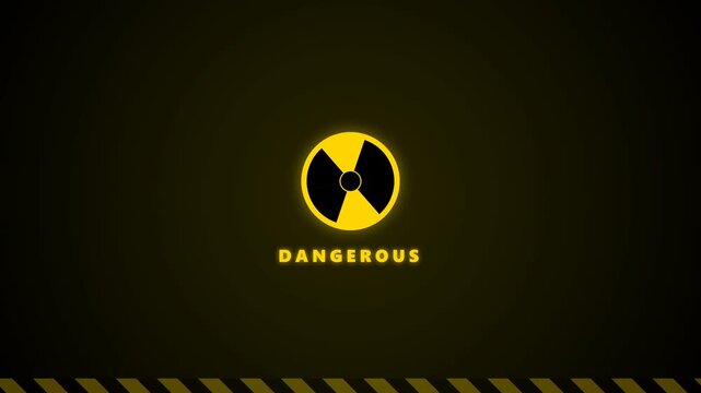 Radioactive danger sign glowing in the dark with hazardous yellow warning symbol and caution stripes