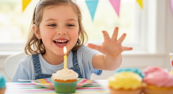 Birthday celebration with joyful girl reaching for cupcake with candle. Birthday party scene features colorful decorations and sweet dessert treats on table.