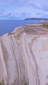 Aerial view from a drone of the Flysch of Bizkaia on the Cantabrian Sea coast between Algorta and Bakio. Province of Bizkaia. Basque Country. Spain. Europe.