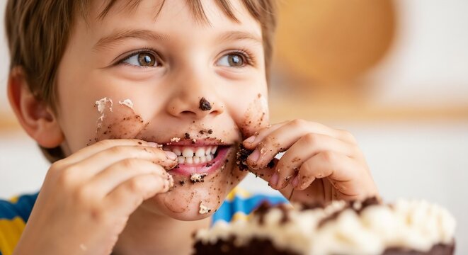Happy boy enjoying chocolate cake with frosting smeared on his face. Boy smiles while eating delicious cake, showcasing joy and happiness.