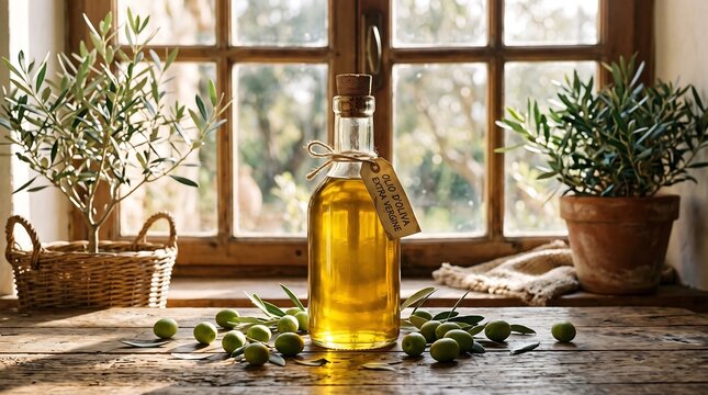 Bottle of extra virgin olive oil surrounded by fresh green olives on a rustic wooden table by a sunny window.