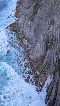 Aerial view from a drone of the Flysch of Bizkaia on the Cantabrian Sea coast between Algorta and Bakio. Province of Bizkaia. Basque Country. Spain. Europe.